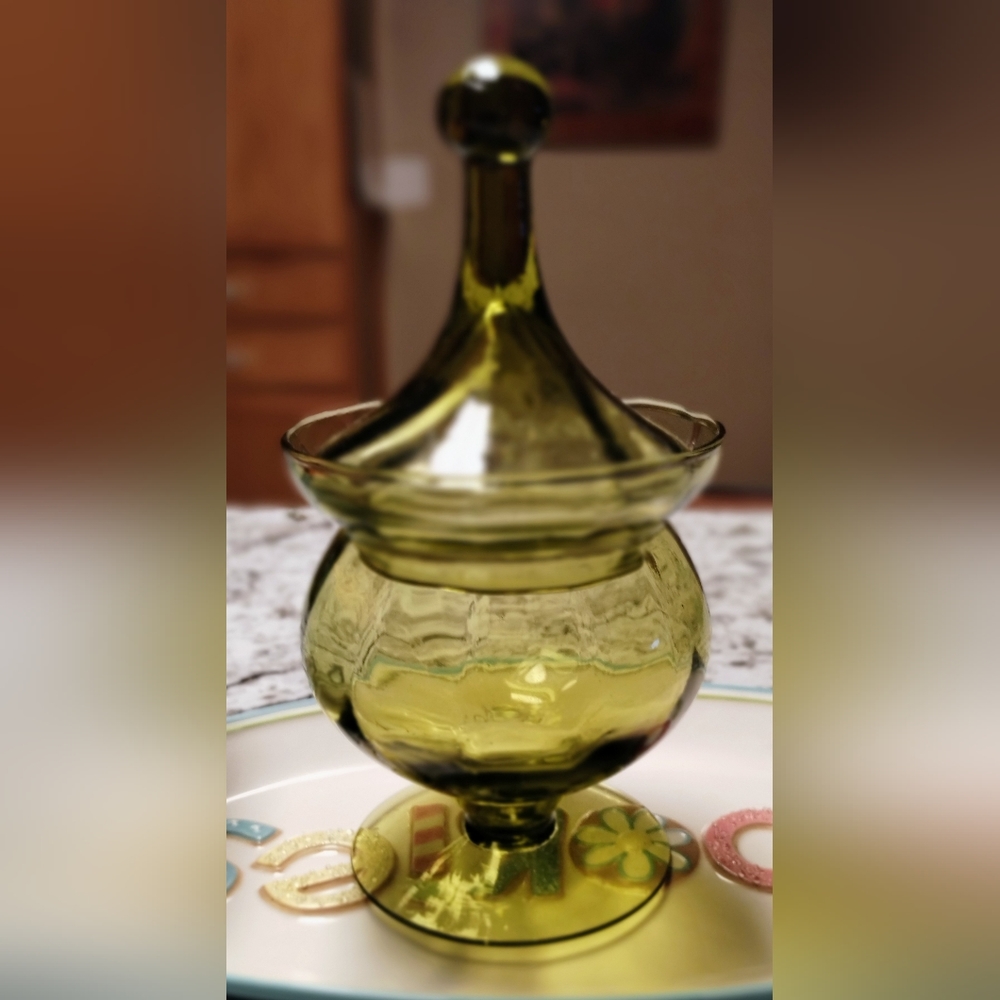 Vintage Hand Blown Empoli Italy Art Glass Green Circus Tent Candy Jar Pedestal